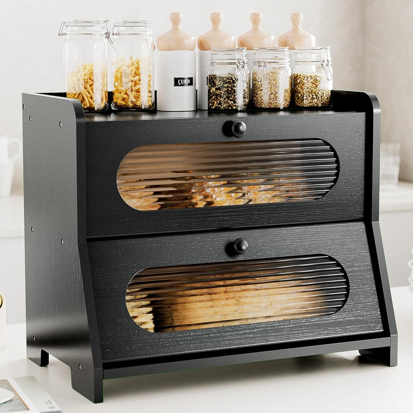 Stylstoreazy Bread Box for Kitchen Countertop,Double Layer Large Capacity Bamboo Bread Storage Container with Acrylic Wavy Door Panel for Kitchen Counter,Cabinet,Pantry(Black)