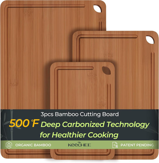 Keechee Bamboo Cutting Board, Durable Wood Cutting Boards for Kitchen with Deep Juice Grooves & Built-in Handles, Ideal Charcuterie & Chopping for Meat, Vegetables and Fruits Ideal Kitchen Gifts