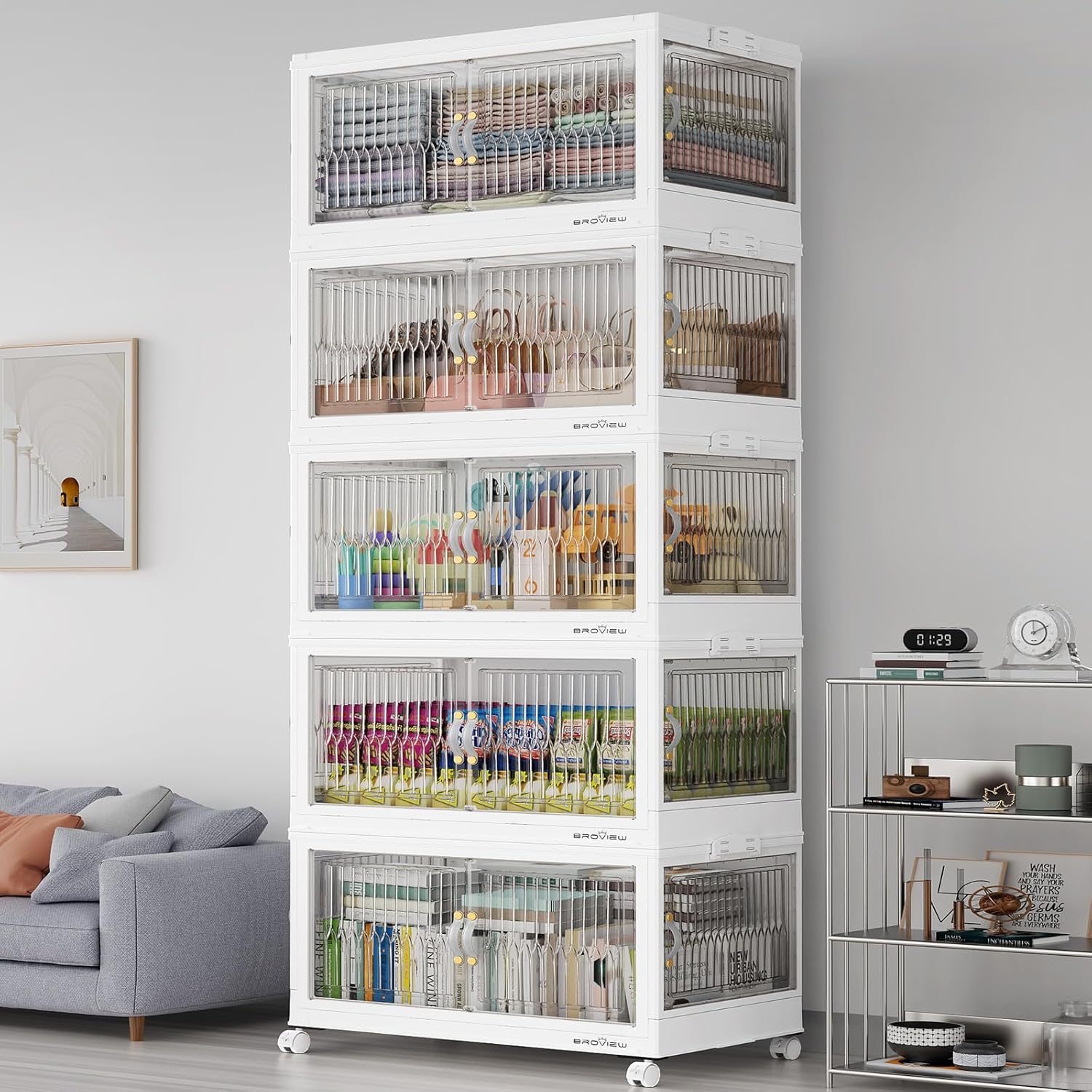 BROVIEW 600QT Large Stackable Storage Bins with Lids, Plastic Closet Organizer and Storage Drawer, Collapsible Storage Box with Wheels, Folding Storage Cabinet with Doors for Home Kitchen, 5Pack White