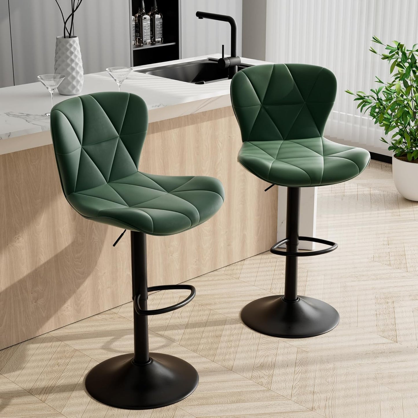 Daluvenix Bar Stools Set of 2,Adjustable Swivel Barstools, Faux Leather Bar Chairs,Upholstered Counter Height with High Backrest for Kitchen Island, Green