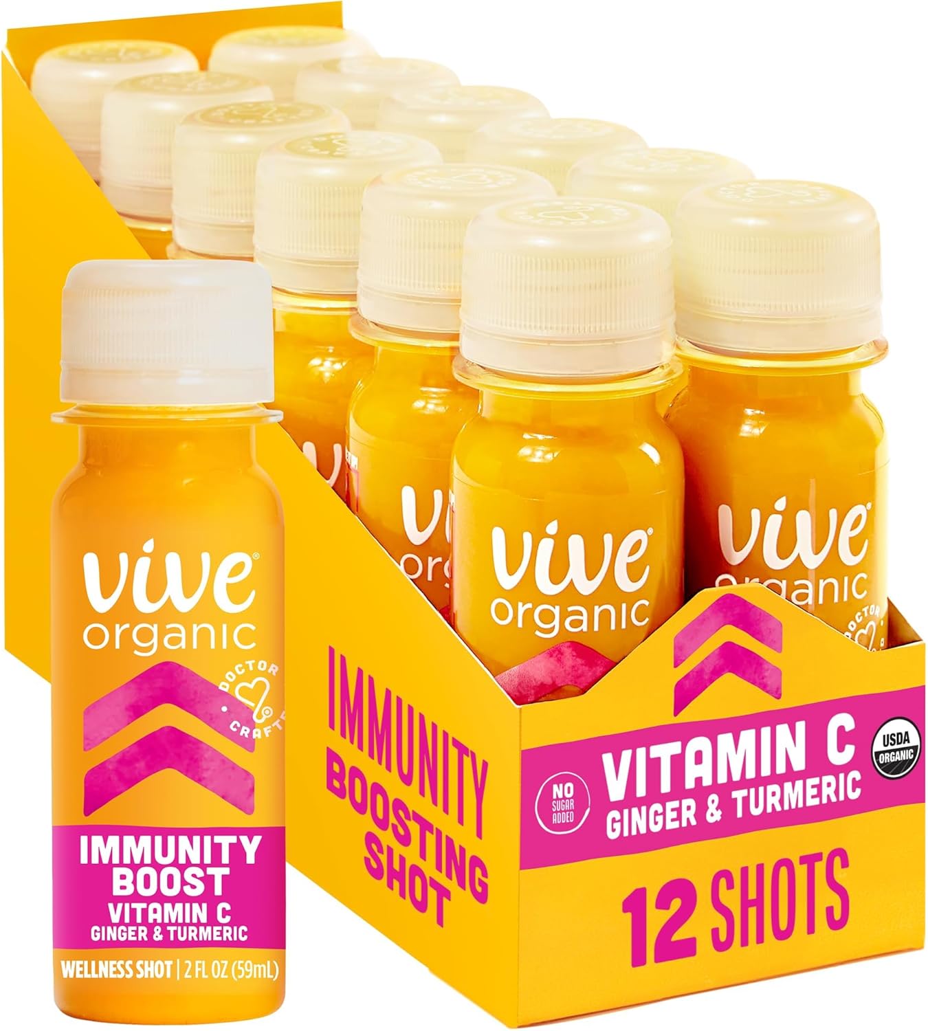 Vive Organic Vitamin C + Immune Support Shot, Cold-Pressed Turmeric, Ginger & Acerola Cherry, Gluten Free, Vegan, Immunity Boost Vitamin C, 2 Fl Oz (Pack of 12)