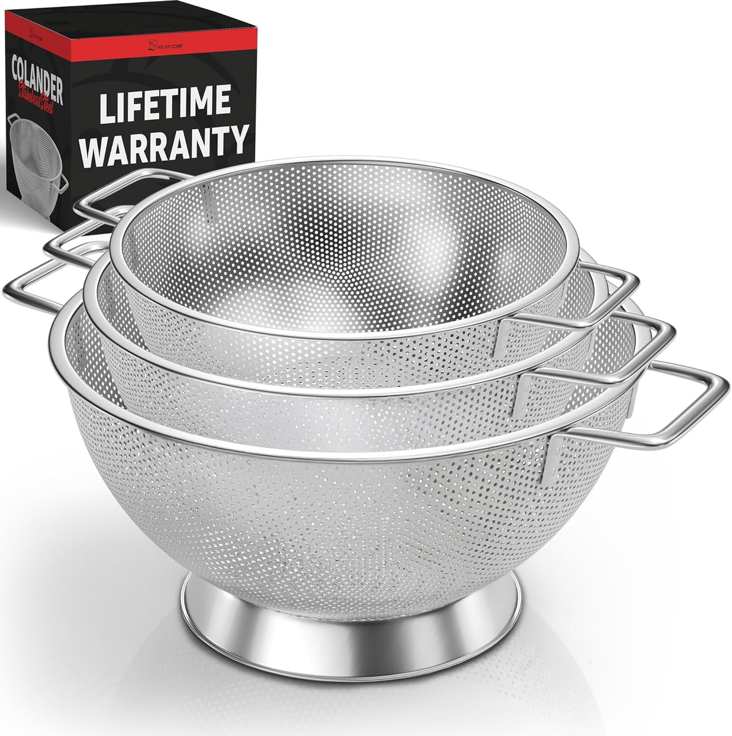 PriorityChef Premium Stainless Steel Colander for Kitchen, Durable Rice and Pasta Strainer with Handle, Rust-Resistant & Dishwasher Safe, 3\/4\/5 Qt