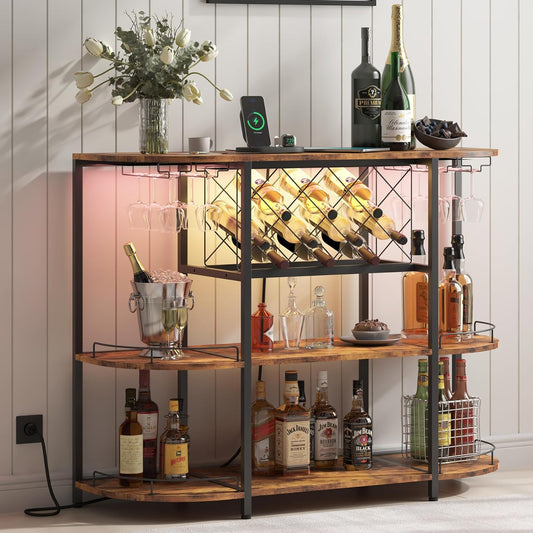 ZOPEND Wine Cabinet Bar Cart Table with Power Socket and LED Light, Three Tiers Coffee Bar Table Wine Rack Liqour Bar with Large Storage for Home Kitchen (Retro Brown)
