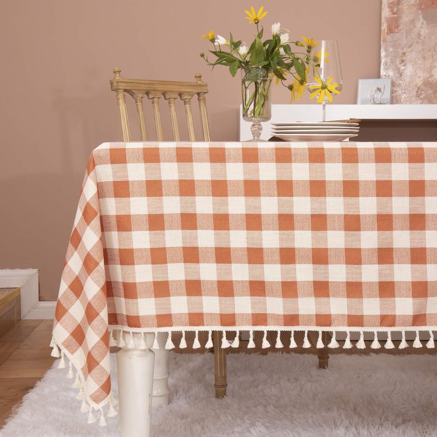 Midsummer Breeze Rustic Gingham Tablecloth, Cotton Buffalo Plaid Table Cloth for Fall Thanksgiving Christmas Kitchen Restaurant Holiday Outdoor Picnic Decoration（Rectangle\/Oblong, 55x102,Orange