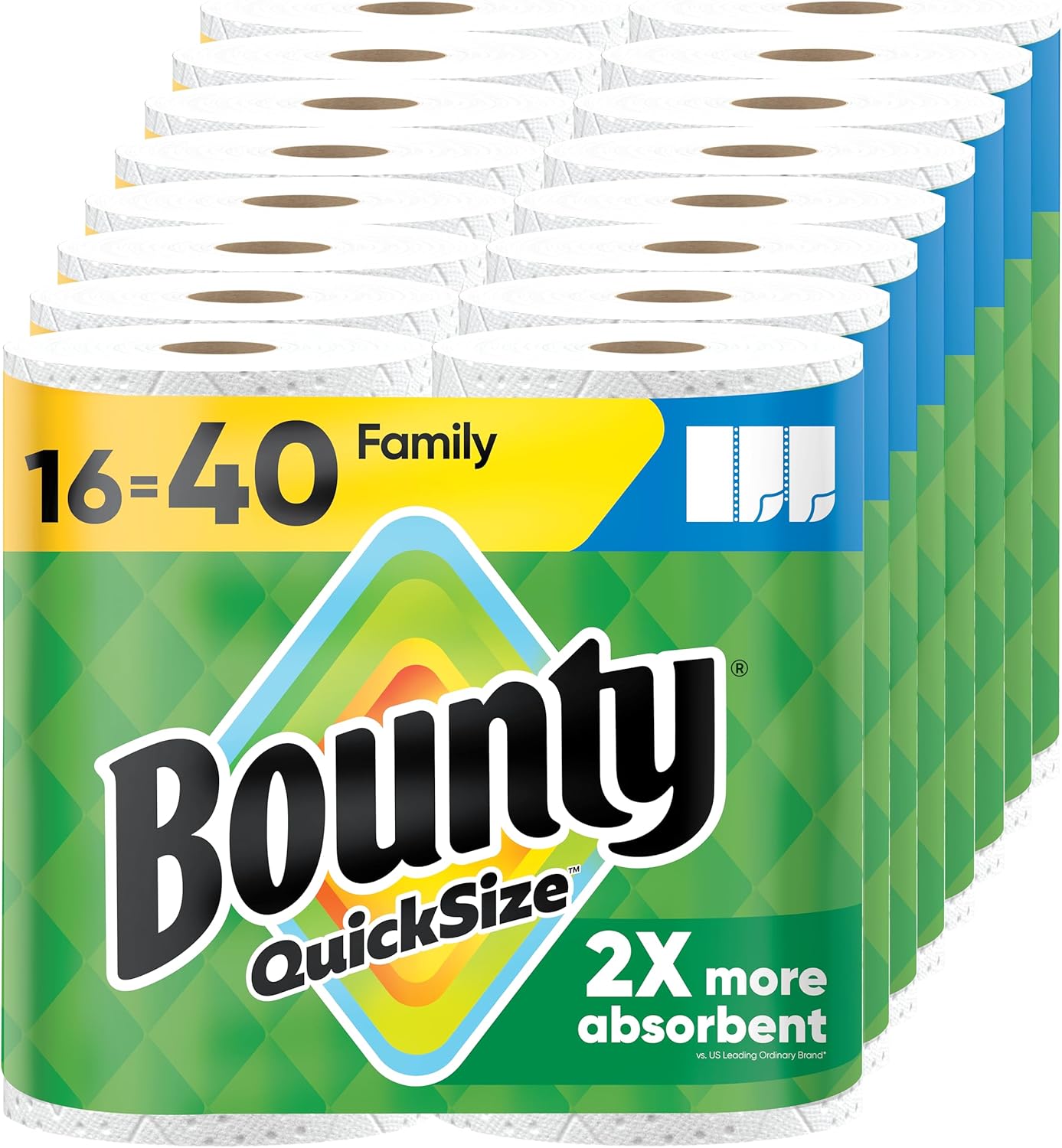 Bounty Paper Towels Quick Size, White, 16 Family Rolls = 40 Regular Rolls