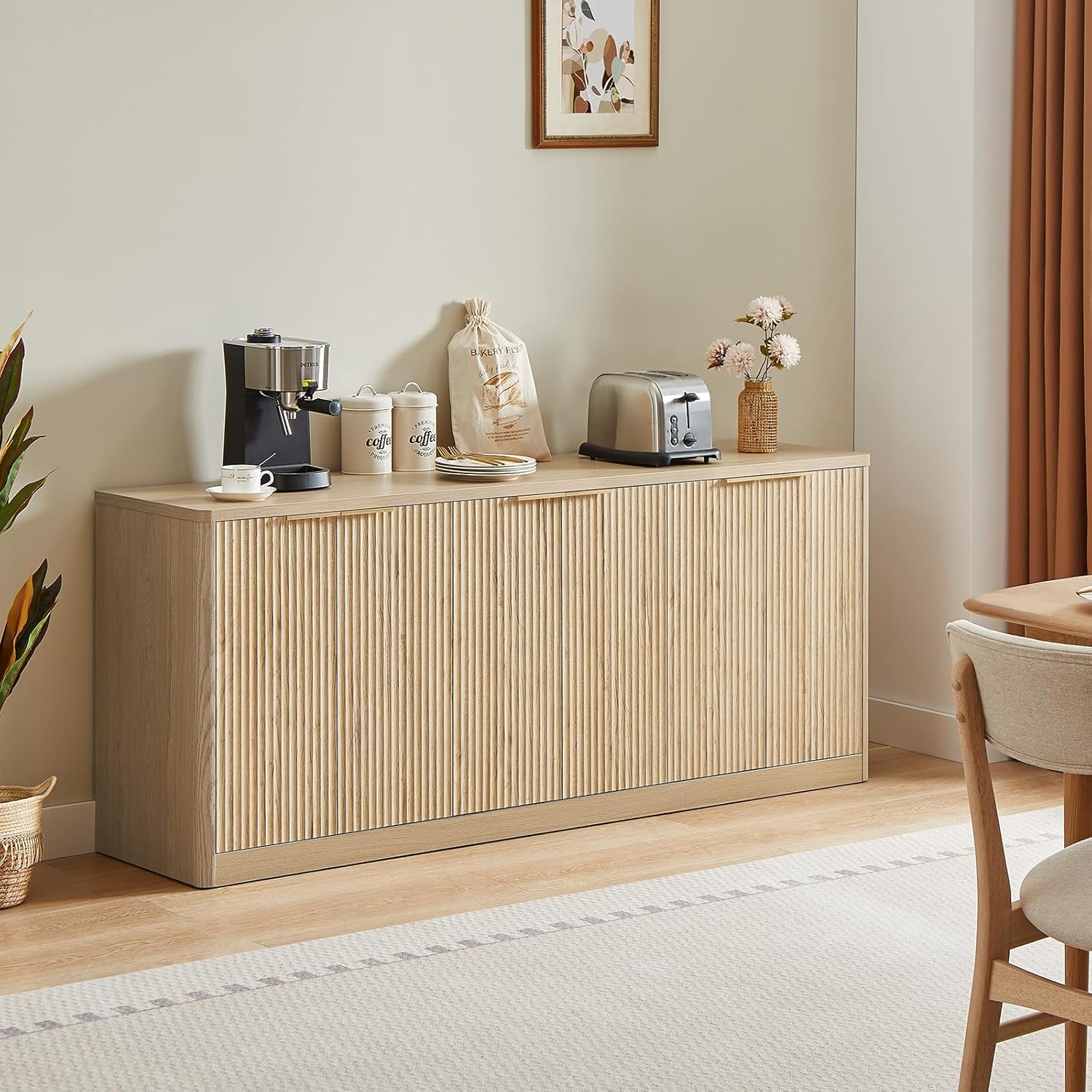 Evermagin 67" Fluted Oak Buffet Cabinet Sideboard with Storage, Large Credenza with 6 Doors, Wood Mid Century Modern Sideboard for Kitchen and Living Room (67"*31.5"*15.7")