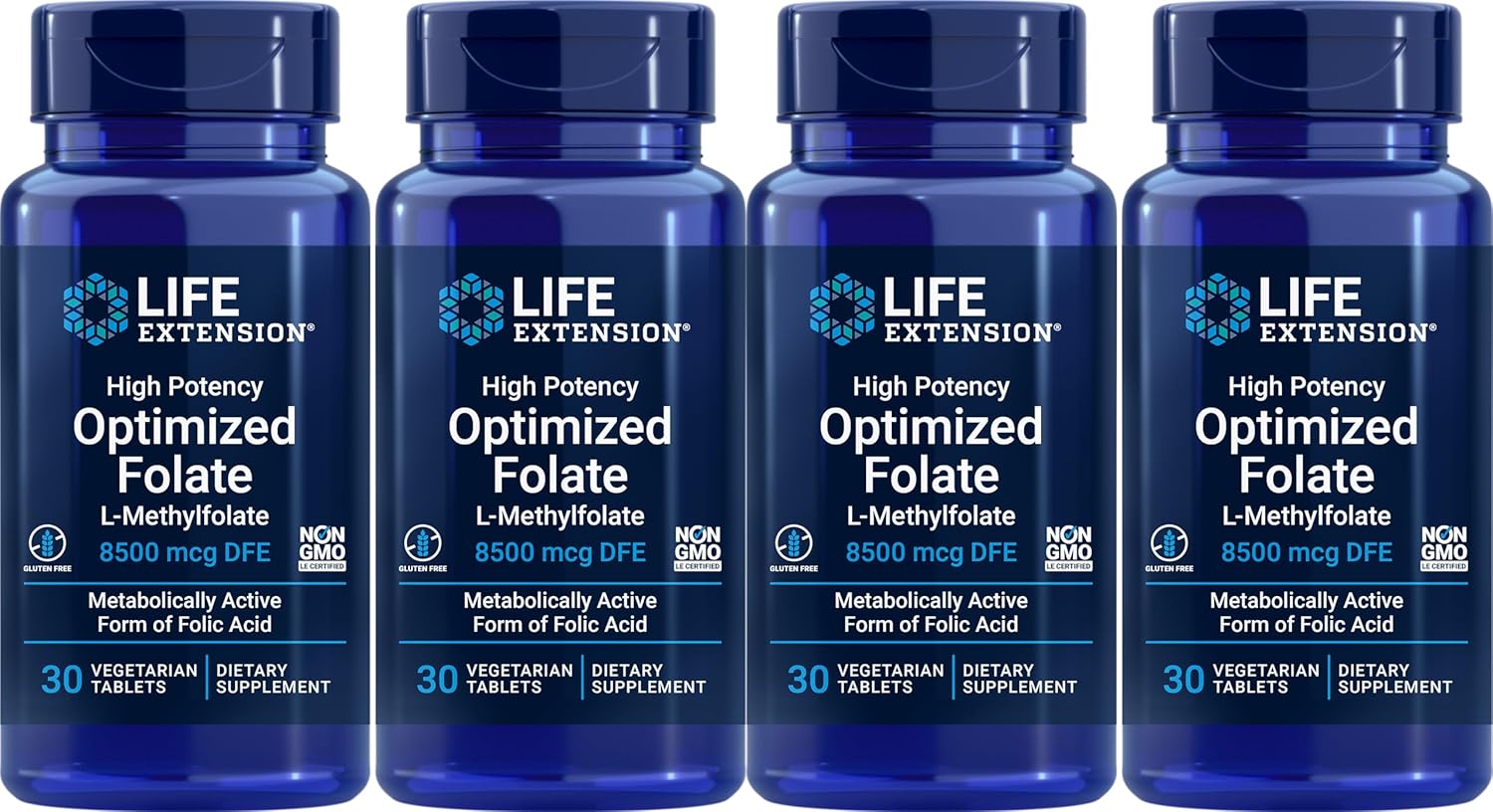Life Extension High Potency Optimized Folate 8500 mcg DFE, 30 Vegetarian Tablets (Pack of 4)