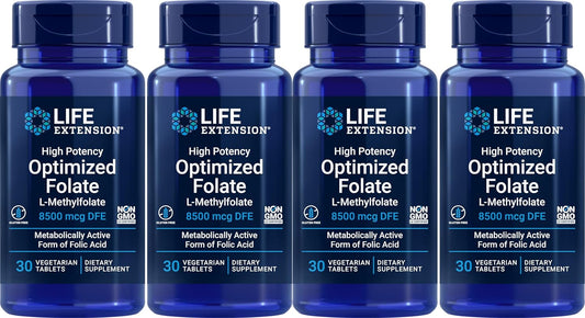 Life Extension High Potency Optimized Folate 8500 mcg DFE, 30 Vegetarian Tablets (Pack of 4)