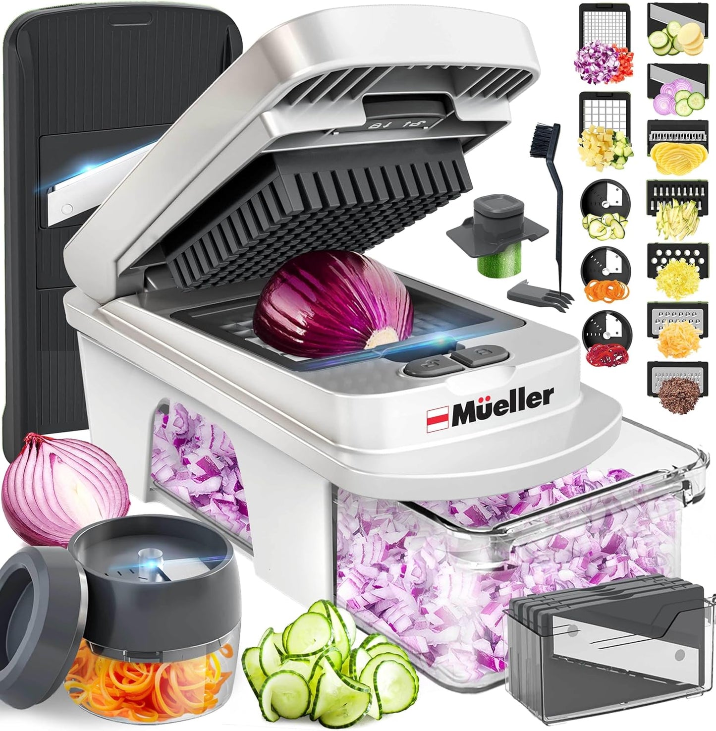 Mueller Pro-Series All-in-One, 12 Blade Mandoline Slicer for Kitchen, Food Chopper, Vegetable Slicer and Spiralizer, Cutter, Dicer, Grater, Kitchen Gadgets Sets with Container, White Sand\/Gray