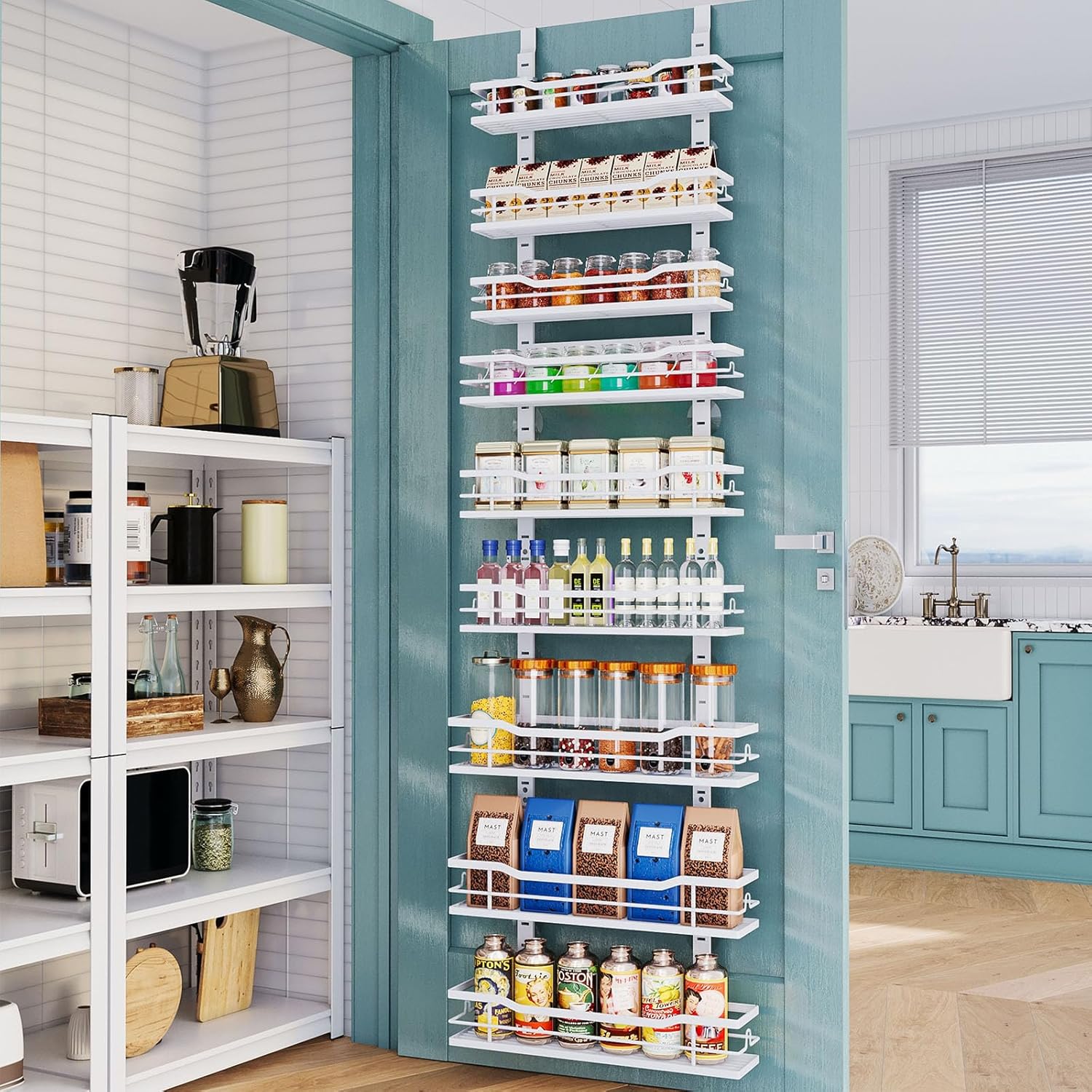 Eastherry Over The Door Pantry Organizer，9-Tier Over The Door Organizer with Adjustable Basket，Metal Hanging Pantry Organizers and Storage for Kitchen, Back of Door Seasoning Rack