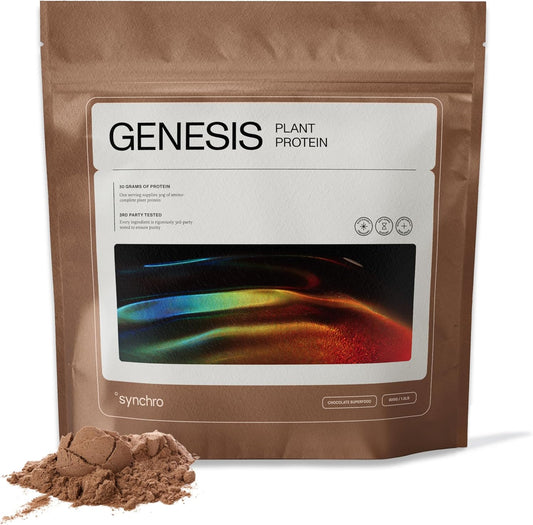 Synchro Genesis Plant Based Protein Powder | Chocolate Superfood | 30g of Organic Protein Per Serving | <1g Sugar | 1g Net Carbs | No Stevia | Superfoods + Prebiotics | Vegan + Keto Friendly