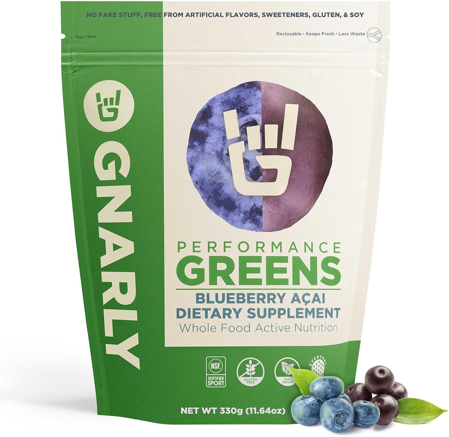 Gnarly Nutrition Greens Superfood Powder \u2013 Blueberry Acai Performance Super Greens Powder \u2013 NSF Sport Certified \u2013 Organic, Probiotics & Essential Micronutrients - Blueberry Acai, 11.64 oz