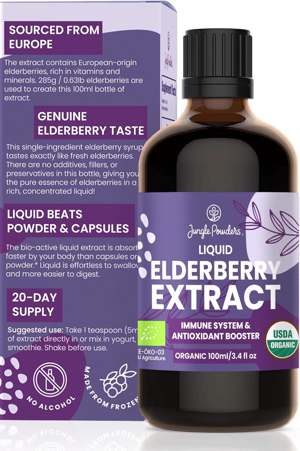Organic Elderberry Syrup USDA Certified 3.4 fl oz Bottle Liquid Sambucus Elderberry Immune Support Supplement for Kids and Adults Alcohol-Free European Origin Elderberries Extract High Bioavailability