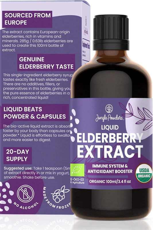Organic Elderberry Syrup USDA Certified 3.4 fl oz Bottle Liquid Sambucus Elderberry Immune Support Supplement for Kids and Adults Alcohol-Free European Origin Elderberries Extract High Bioavailability