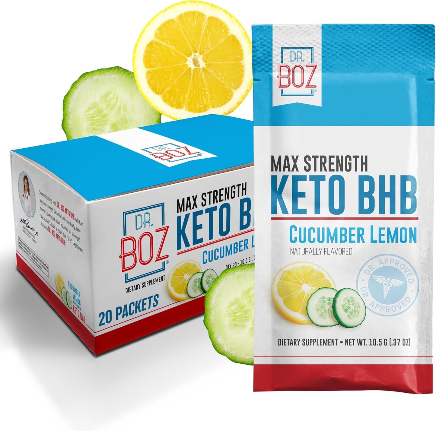 Dr. Boz - Keto BHB Powder - Cucumber Lemon, 20 Packets - Ketones Drink - Increase Energy & Reduce Cravings - Max Strength Dietary Supplement - Quality Tested - Made in The USA - 10.9oz (310g)