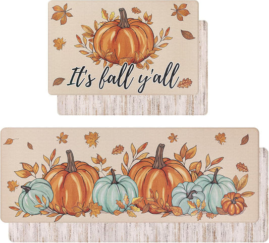 U'Artlines Fall Kitchen Rugs Sets of 2, Anti Fatigue Mats for Kitchen Floor Printed on Both Sides, Non Slip Waterproof Fall Kitchen Mats with Pumpkin Leaves Fall Decor Pattern 17"x28"+17"x47"