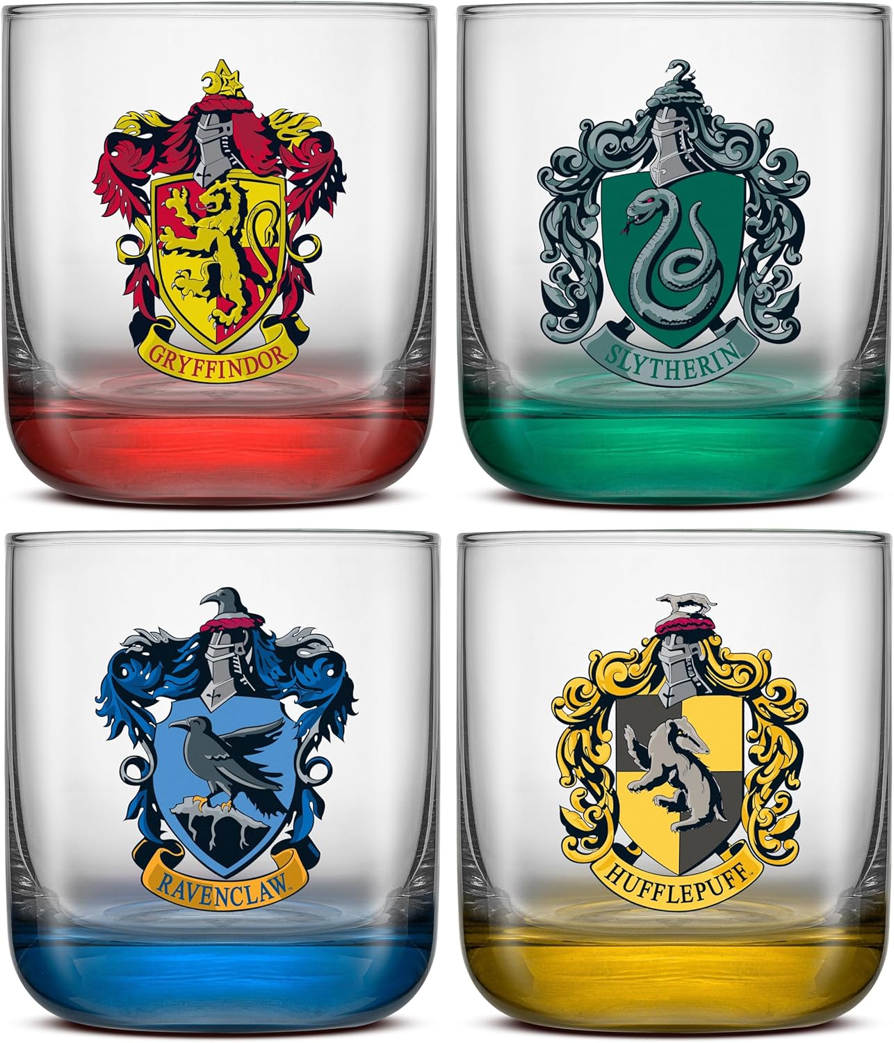 JoyJolt Harry Potter House Pride Short Drinking Glasses, 10oz Glass Tumblers, Kitchen Drinking Glasses Set of 4, Hogwarts Cup, Harry Potter Gifts for Adults
