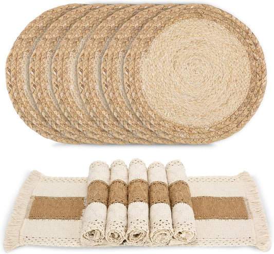 Zology Handmade Boho Placemats Set of 6 - Natural Cotton Burlap and Water Straw Woven Combination Table Mats, Macrame Décor and Farmhouse Style Placemats, for Dining Table Kitchen