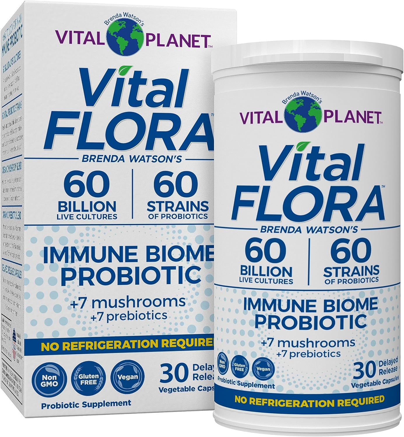 Vital Planet - Vital Flora Immune Support Probiotic, 60 Billion CFU, 60 Diverse Strains, 7 Organic Mushroom Supplement Blend with Prebiotics, Shelf Stable Digestive Health Probiotics 30 Capsules