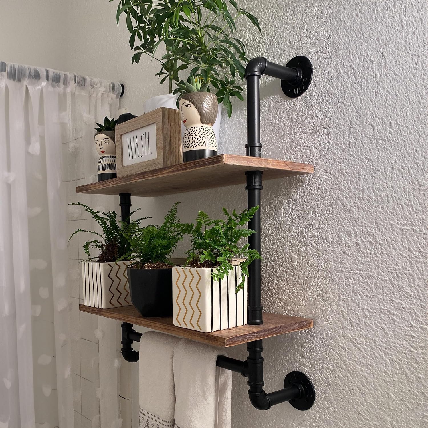 ROGMARS Industrial Pipe Shelving Bathroom Pipe Shelves with Towel Bar Over Toilet, 24 inch Pine Wood Floating Shelves for Wall Mounted Bedroom,Kitchen, Farmhouse, Living Room