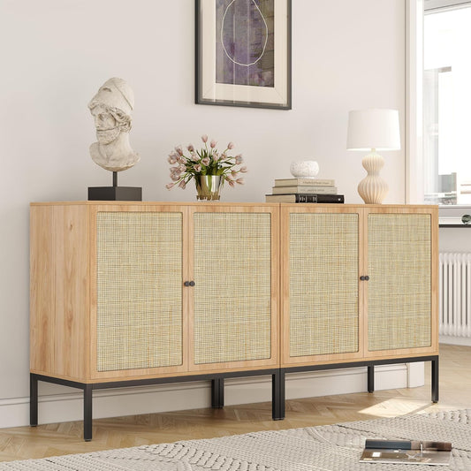 Yechen Set of 2 Rattan Sideboard Cabinets with Cane Doors, 31.5" W Boho Storage Buffet for Entryway, Kitchen, or Living Room \u2013 Natural Finish Accent Furniture