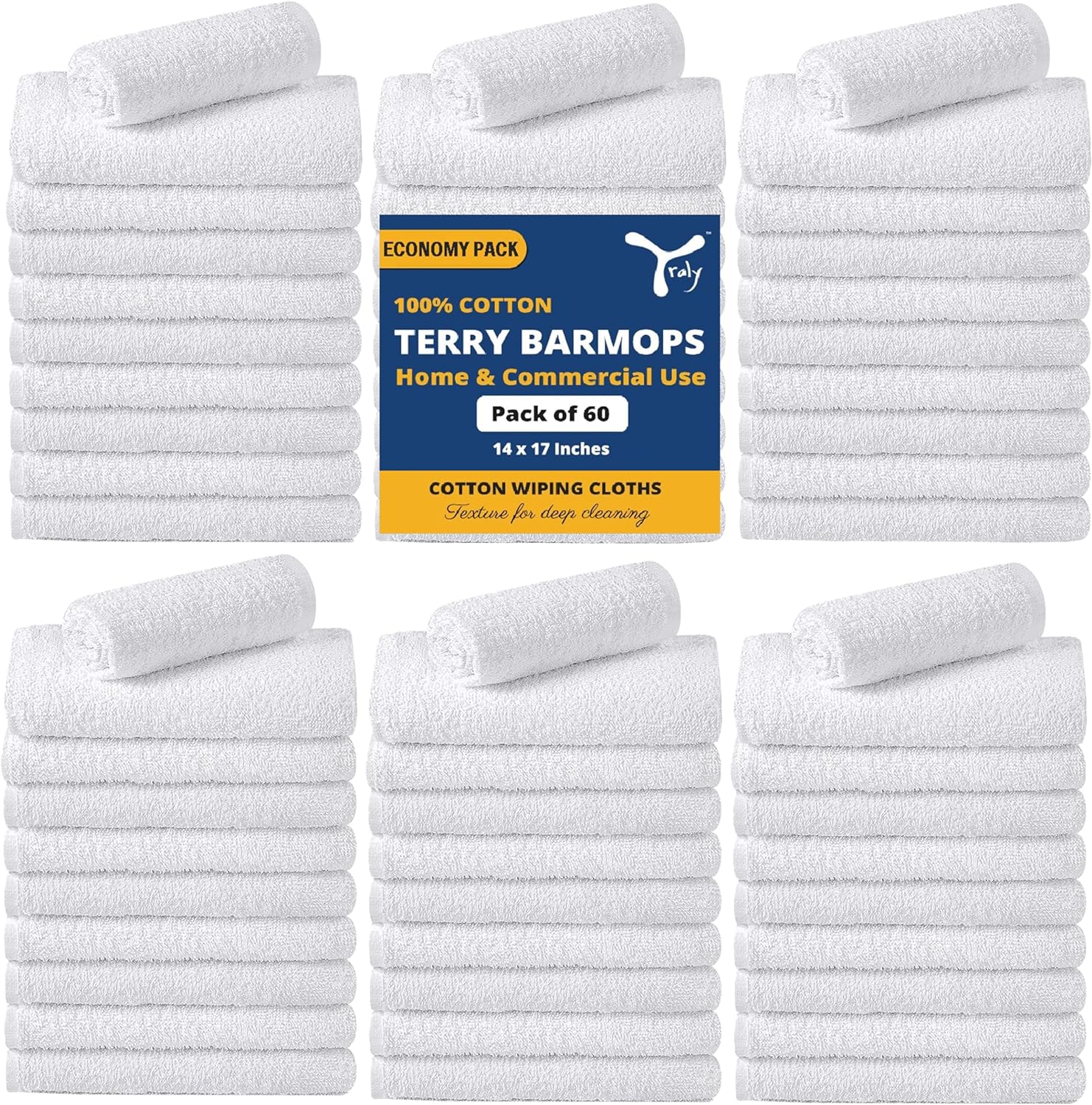 Terry Bar Mop Towels (Pack of 60) – Absorbent and Quick Drying Commercial-Grade Cotton Cleaning Towels, Cleaning Rags for Kitchen, Bar – Reusable Shop Rags 14”x17” White