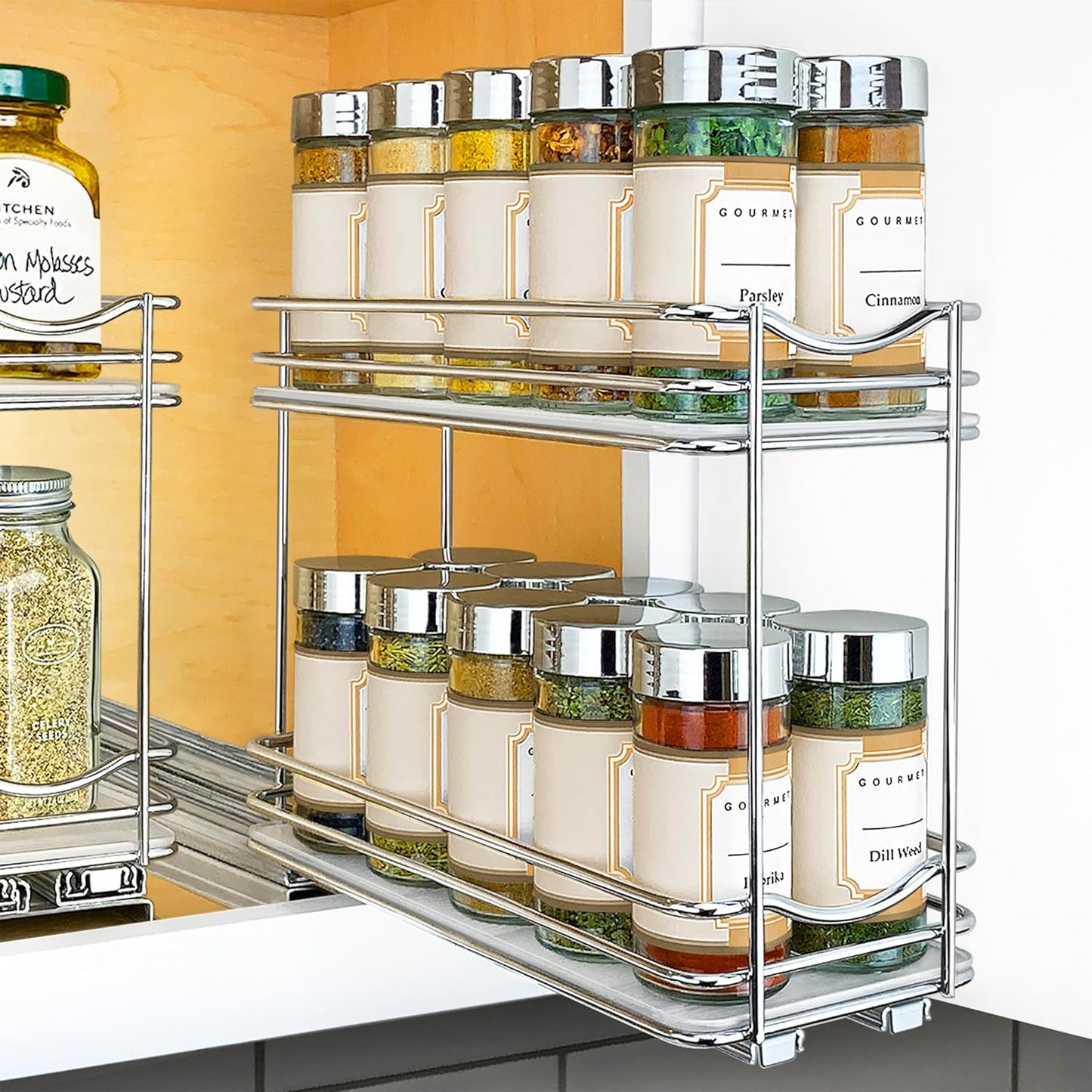 LYNK PROFESSIONAL® Pull Out Spice Rack Organizer for Inside Kitchen Cabinets - 4-1\/4 inch Wide - Slide Out Drawer \u2013 Chrome Sliding Spice Cabinet Organization Shelf Racks - 2 Tier