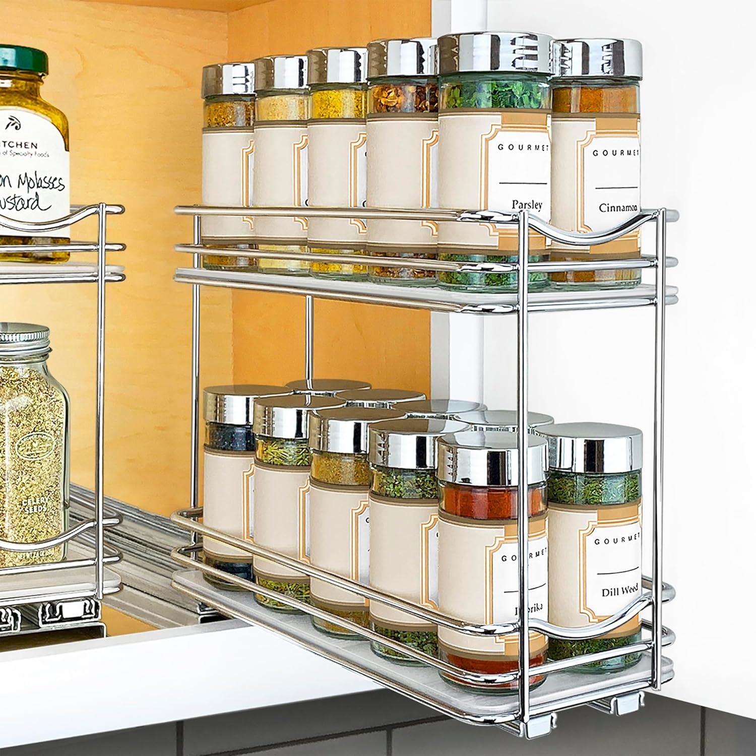 LYNK PROFESSIONAL® Pull Out Spice Rack Organizer for Inside Kitchen Cabinets - 4-1\/4 inch Wide - Slide Out Drawer \u2013 Chrome Sliding Spice Cabinet Organization Shelf Racks - 2 Tier