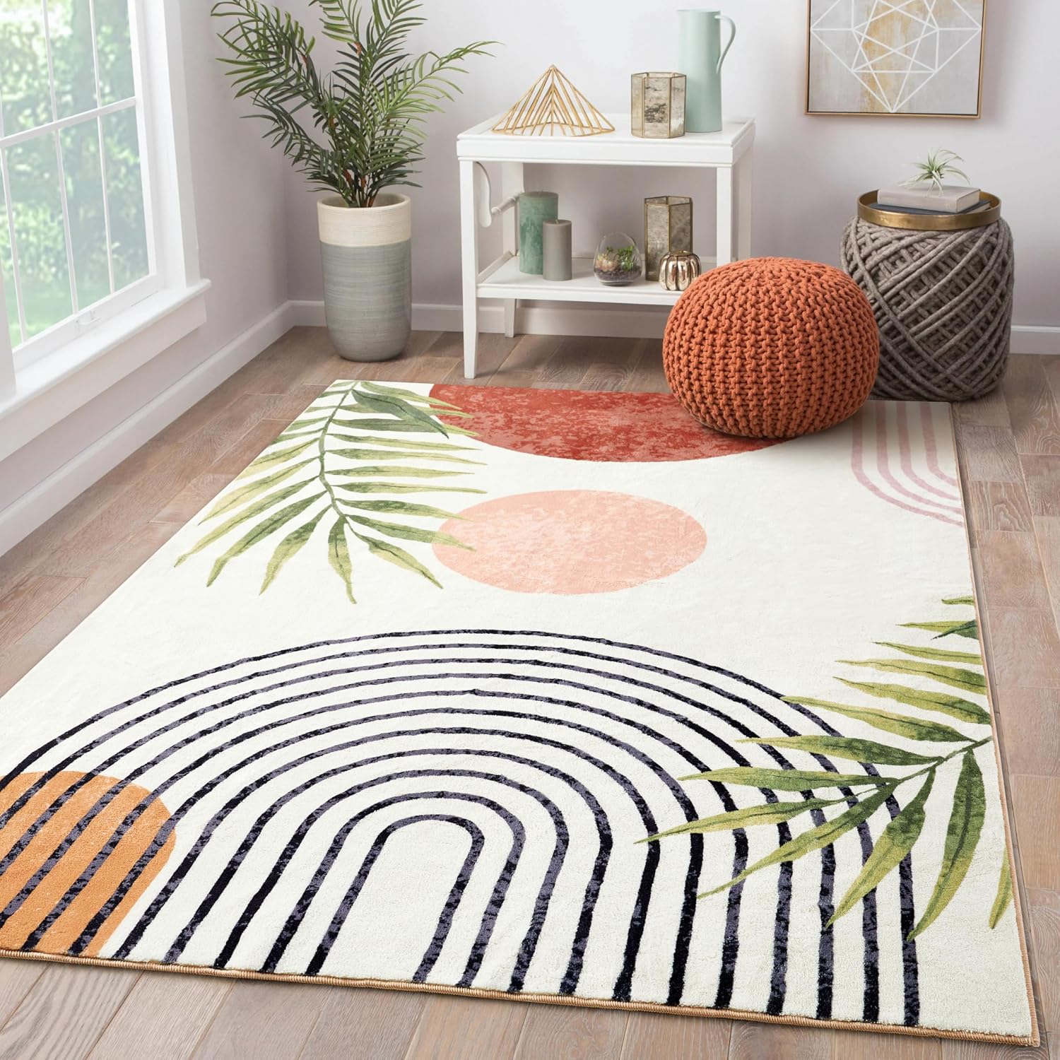 RoomTalks Mid Century Modern Washable Rug, Boho Cute Aesthetic 5x7 Area Rugs for Bedroom Dining Living Room Kitchen, Abstract Tropical Leaves Non Slip Thin Indoor Entryway Rug Accent Floor Carpet