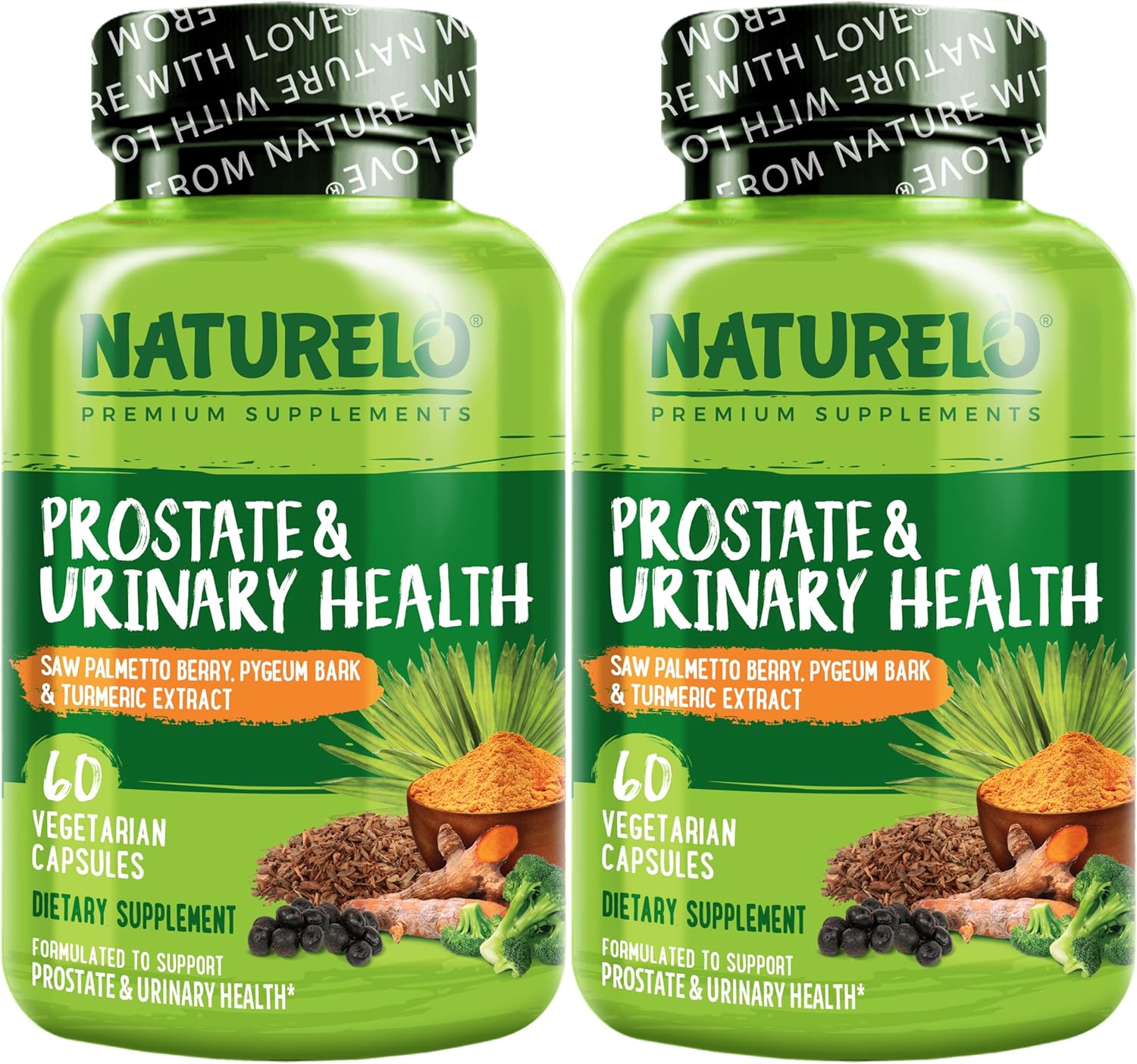 NATURELO Prostate & Urinary Health, Comprehensive Formula with Saw Palmetto, Pygeum, Tumeric, Plant Sterols, Broccoli and Lycopene, 60 Vegetarian Capsules (Pack of 2)