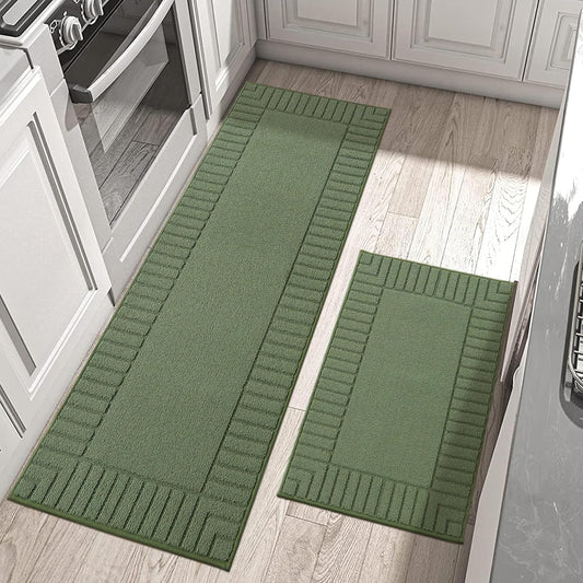 BEQHAUSE-Kitchen-Rugs-Non-Slip-Kitchen-Mats-for-Floor Machine Washable Kitchen Rugs 2 Pieces Kitchen Carpet Runner with TPR Backing,Green,24x35inch\/24x60inch