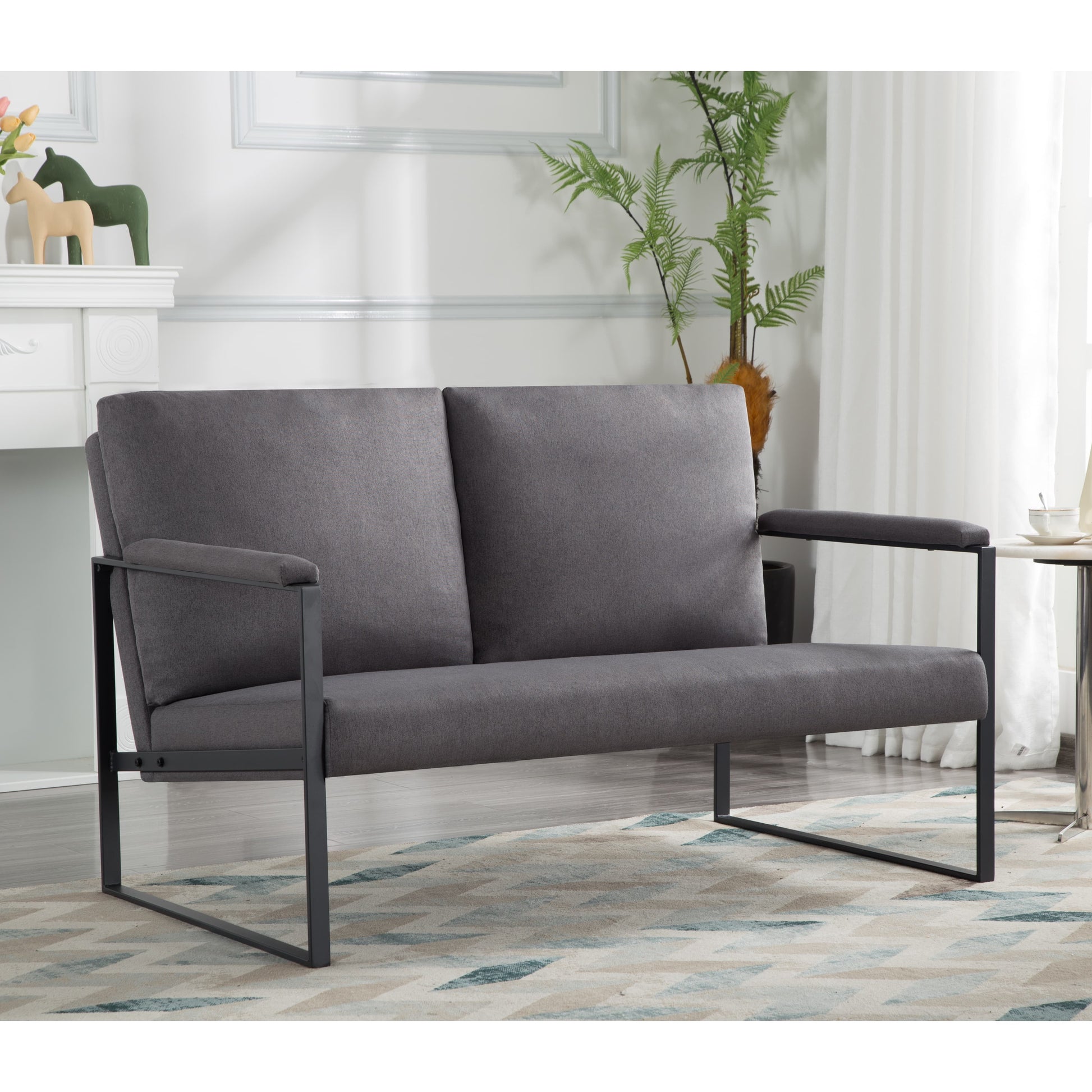 BSHTI 49.2” Metal Frame Loveseat,Easy to Assemble Linen Blend Upholstery Armchairs,Bottom of Legs has Non-slip Rubber Pads,Living Room,Bedroom,Study-Dark Gray