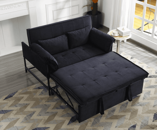 BSHTI Velvet Upholstered Loveseat,Twin Size Pull-out Sofa Bed,5 Angles Reclined Sleeper,Perfect for Home,Office,and Guest Room,Black