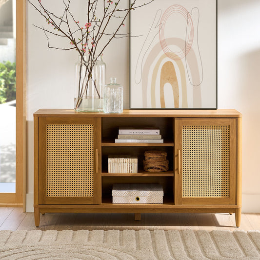 Better Homes & Gardens Springwood Cane TV Stand for TV's up to 65", Light Honey Finish