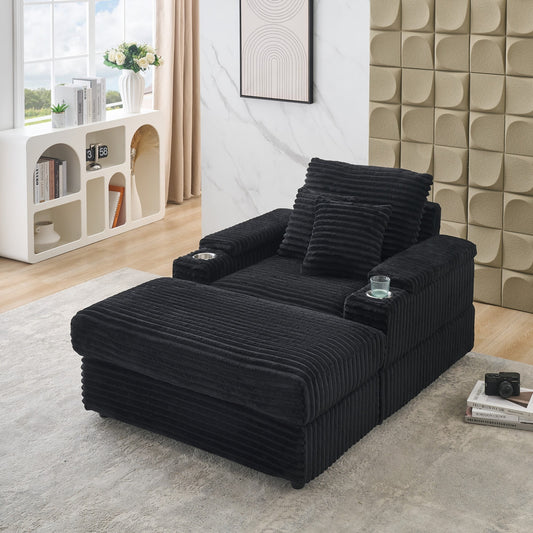 Chaise Lounge Chair,Corduroy Upholstered Sofa Bed with 3 Throw Pillows,Sleeper Reading Chair for Living Room,Bedroom,Black