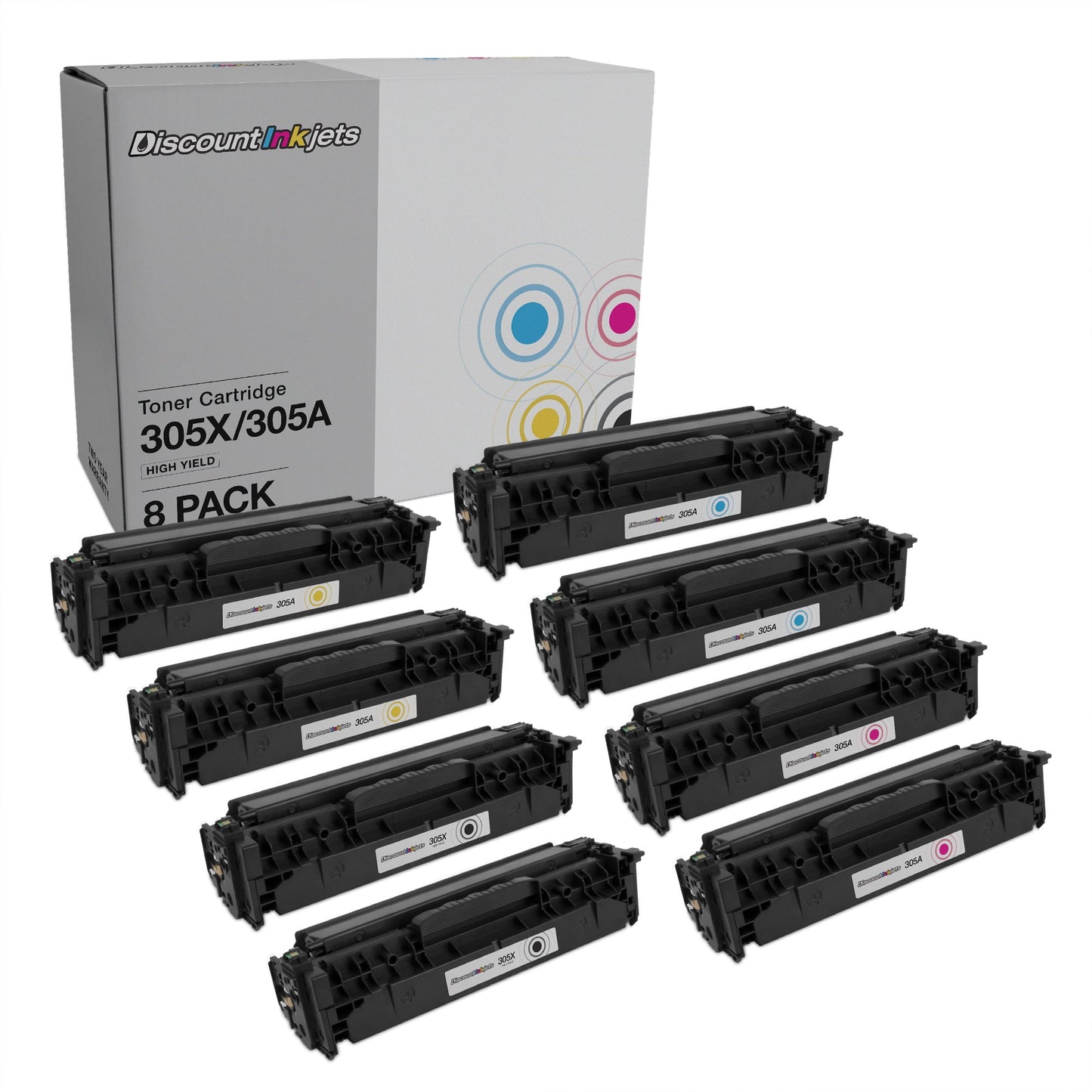 DI Toner Cartridges for HP 305A & 305X HY Black, Cyan, Magenta, Yellow 8pk Compatible with Color LaserJet Pro 300, LaserJet Pro 400, M451dn, M451dw, M475dw
