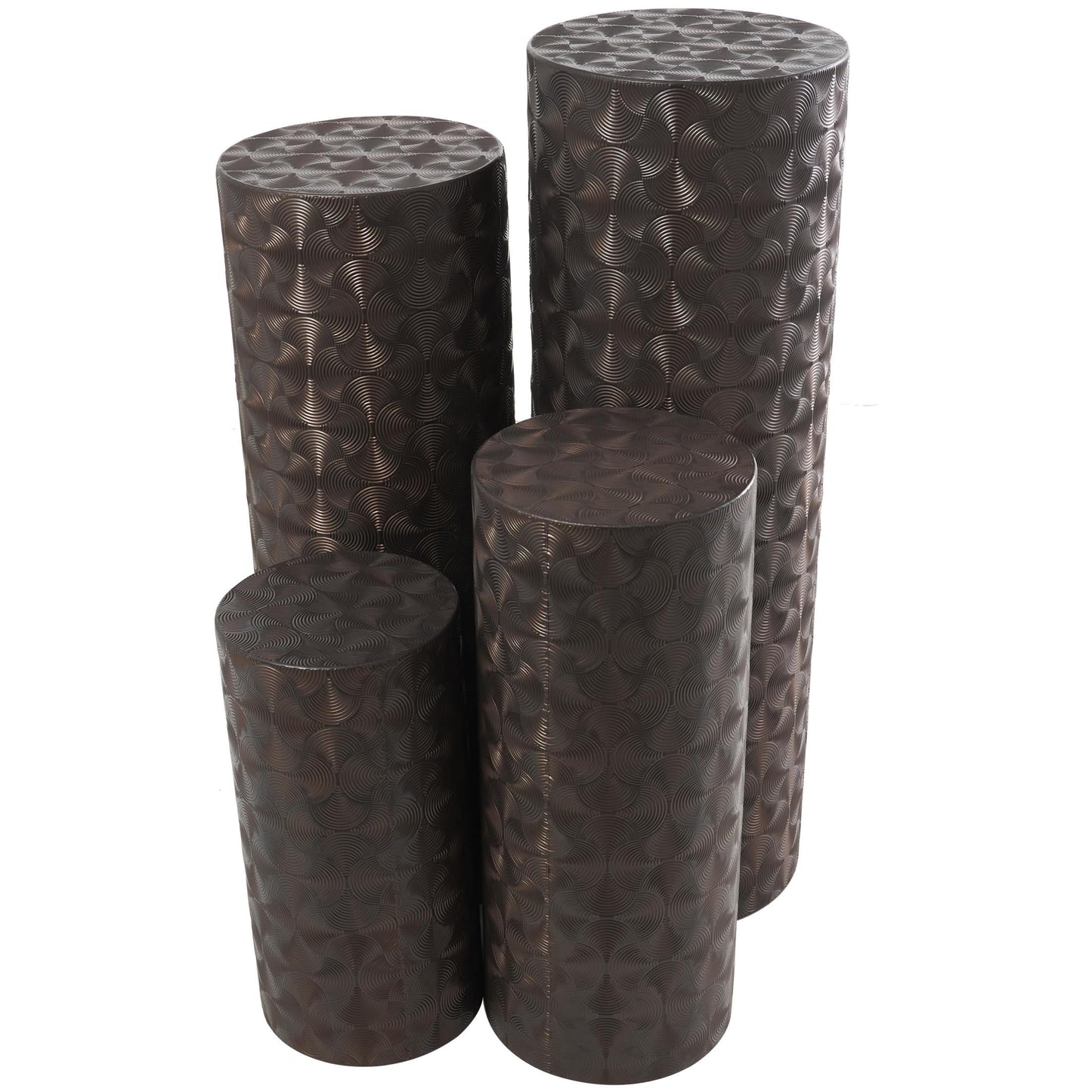 DecMode 36", 32", 24", 18"H Brown Metal Pillar Style Pedestal Table with Hammered Design, 4-Pieces