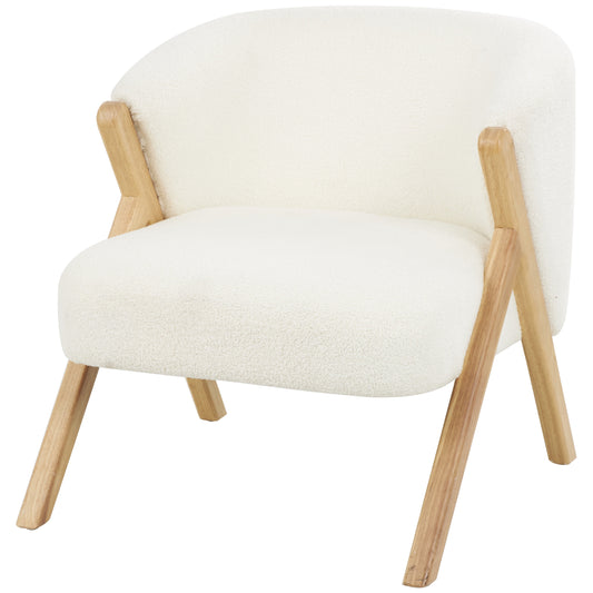 DecMode Polyester Rounded Boucle Lounge Chair with Angled Wooden Legs, White