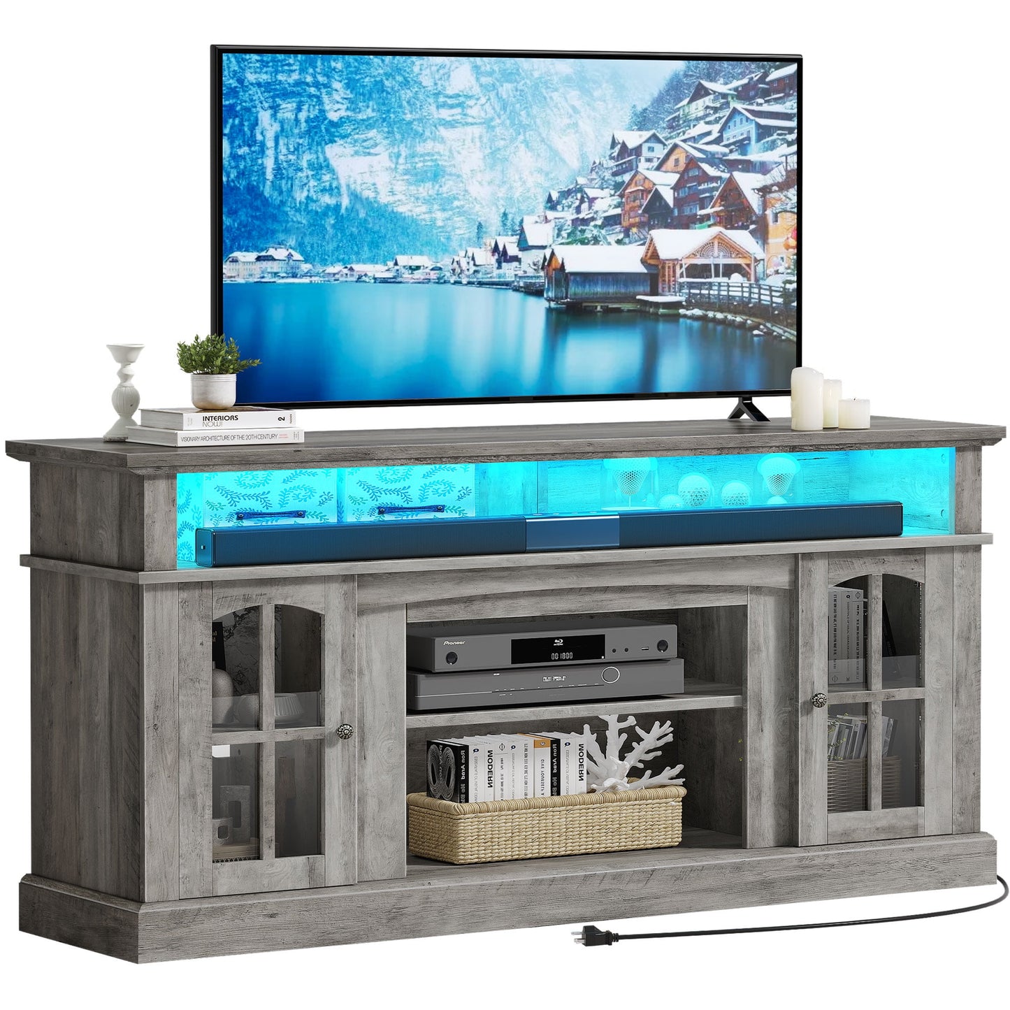 Dextrus Durable Television Stand, Tempered Glass Rustic Oak, 65", 108 lbs