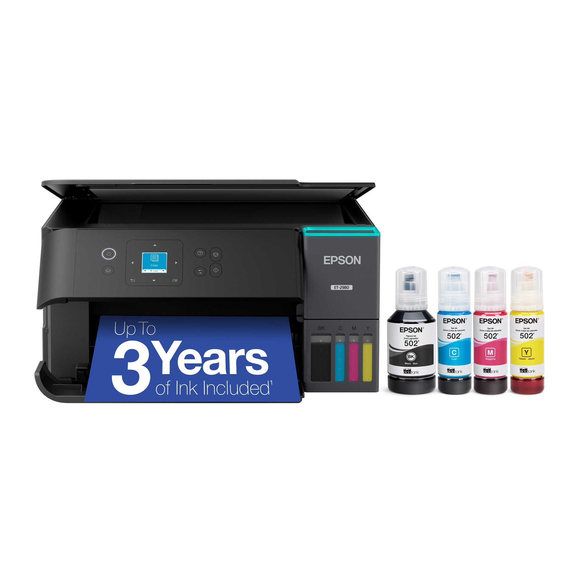 Epson EcoTank ET-2980 Wireless All-in-One Color Supertank Printer with up to 3 Years of Ink, Refillable Tanks, Perfect for Home, 15 PPM, 1.44" Color Screen, Auto 2-Sided Printing - Black