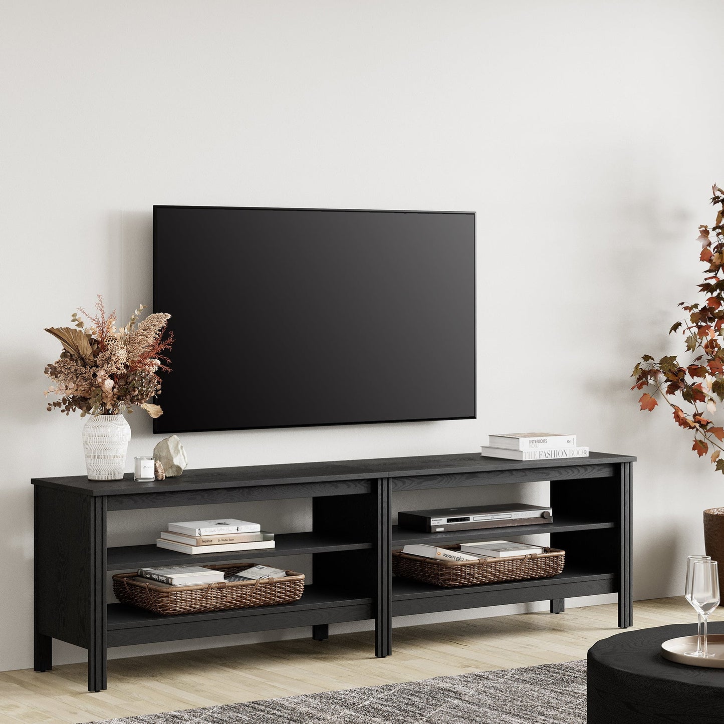 Fitueyes black TV Stand for 75 Inch TV Entertainment Center, Wood TV Table with 2 Open Shelves for Living Room, 70 inch