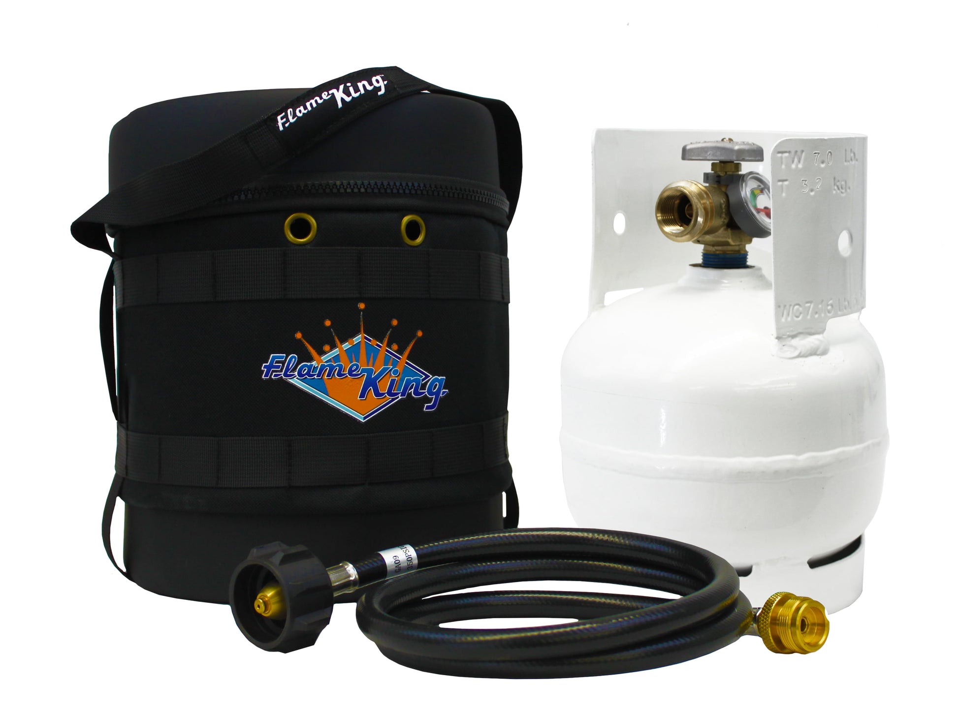 Flame King Gas Hauler Kit - Insulated Protective Carry Case, 3lb Propane Tank and Adapter Hose for Camping and Outdoor Adventures, Black/White