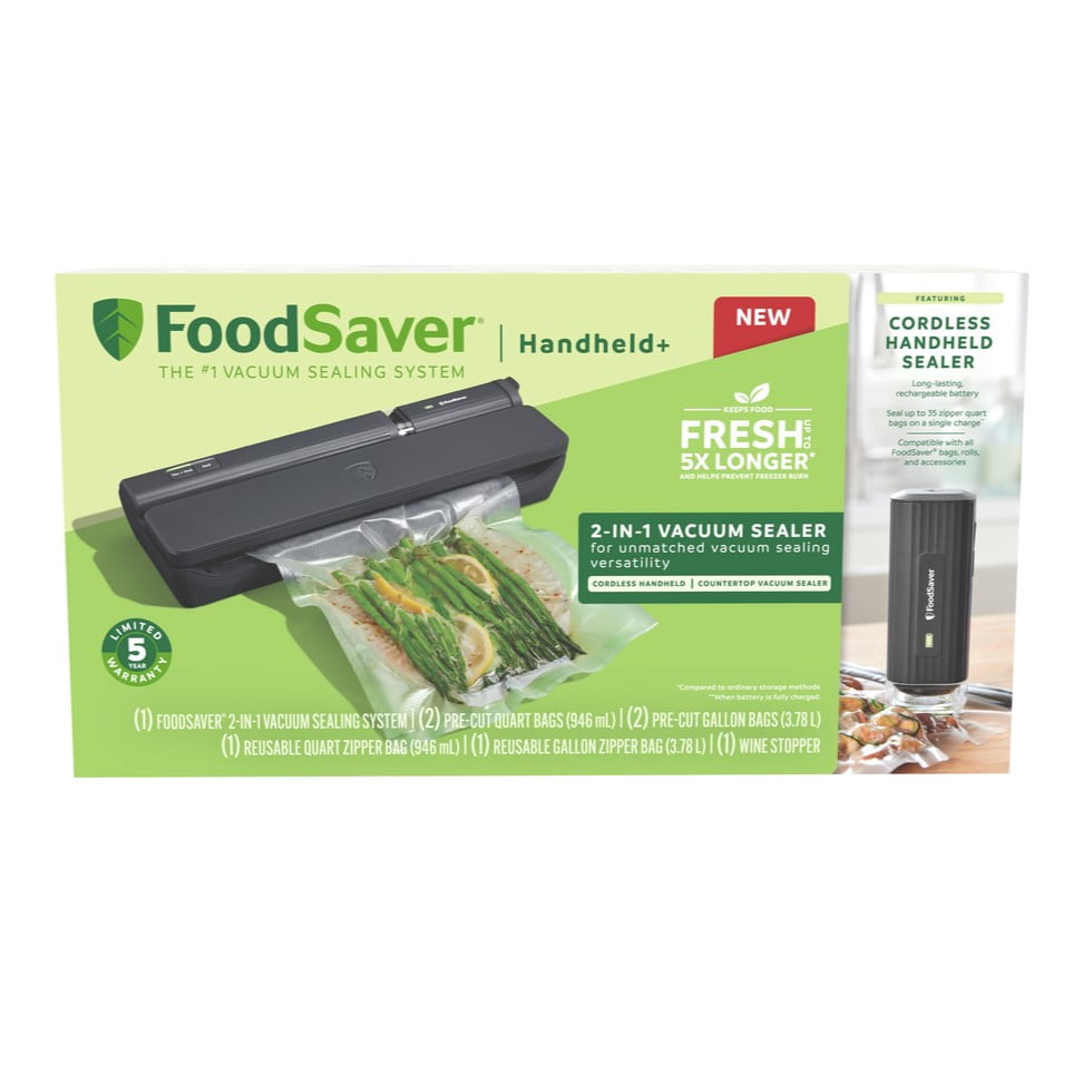 FoodSaver 2-in-1 Vacuum Sealer Machine with Cordless Handheld, Compact Food Sealer With One-Touch Sealing, Space-Saving Design, Includes (5) Pre-Cut Storage Bags, For Kitchen Organziation & Storing Leftovers