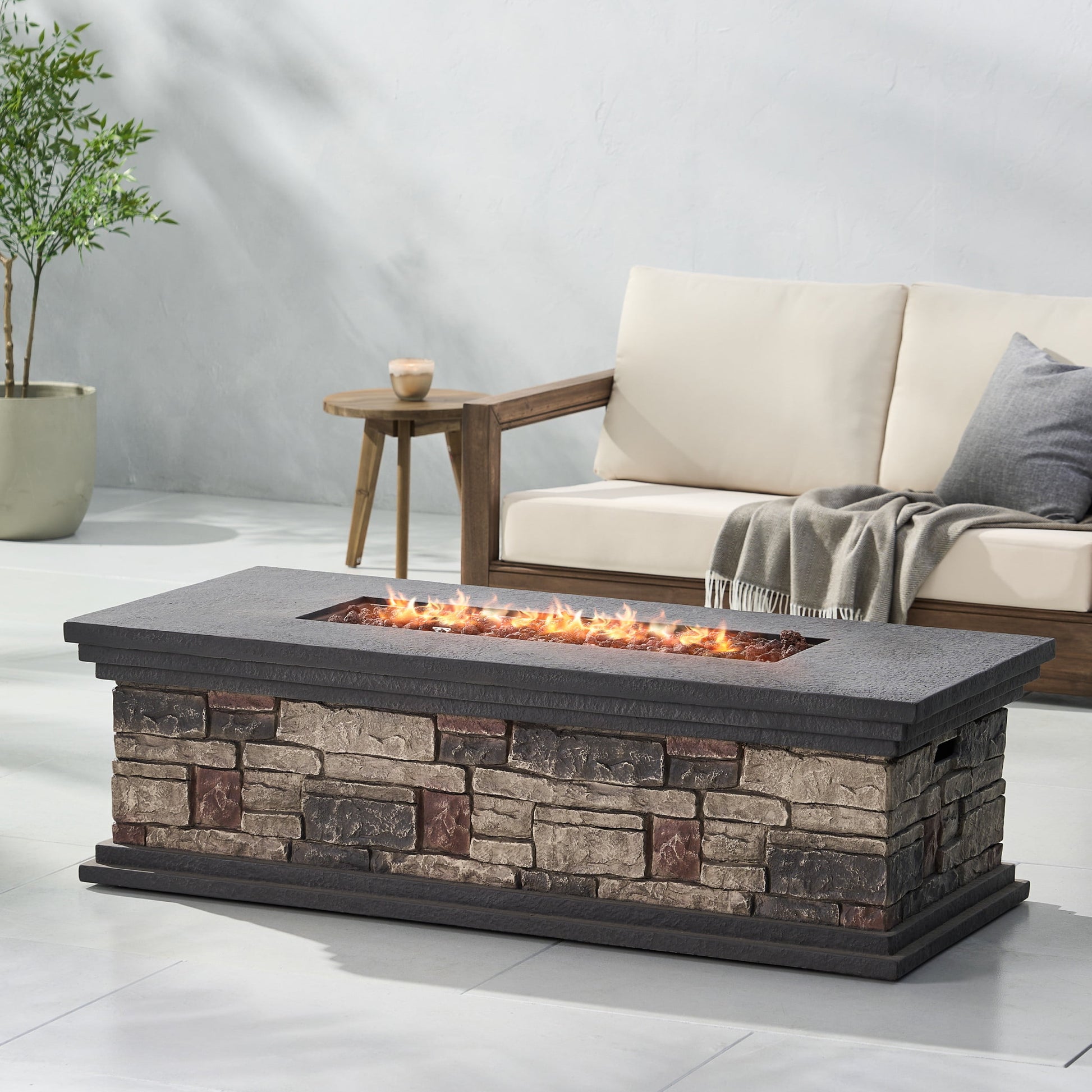 Fox Lightweight Concrete Outdoor 50,000 BTU Rectangular Fire Pit (No Tank Holder), Stone Finish