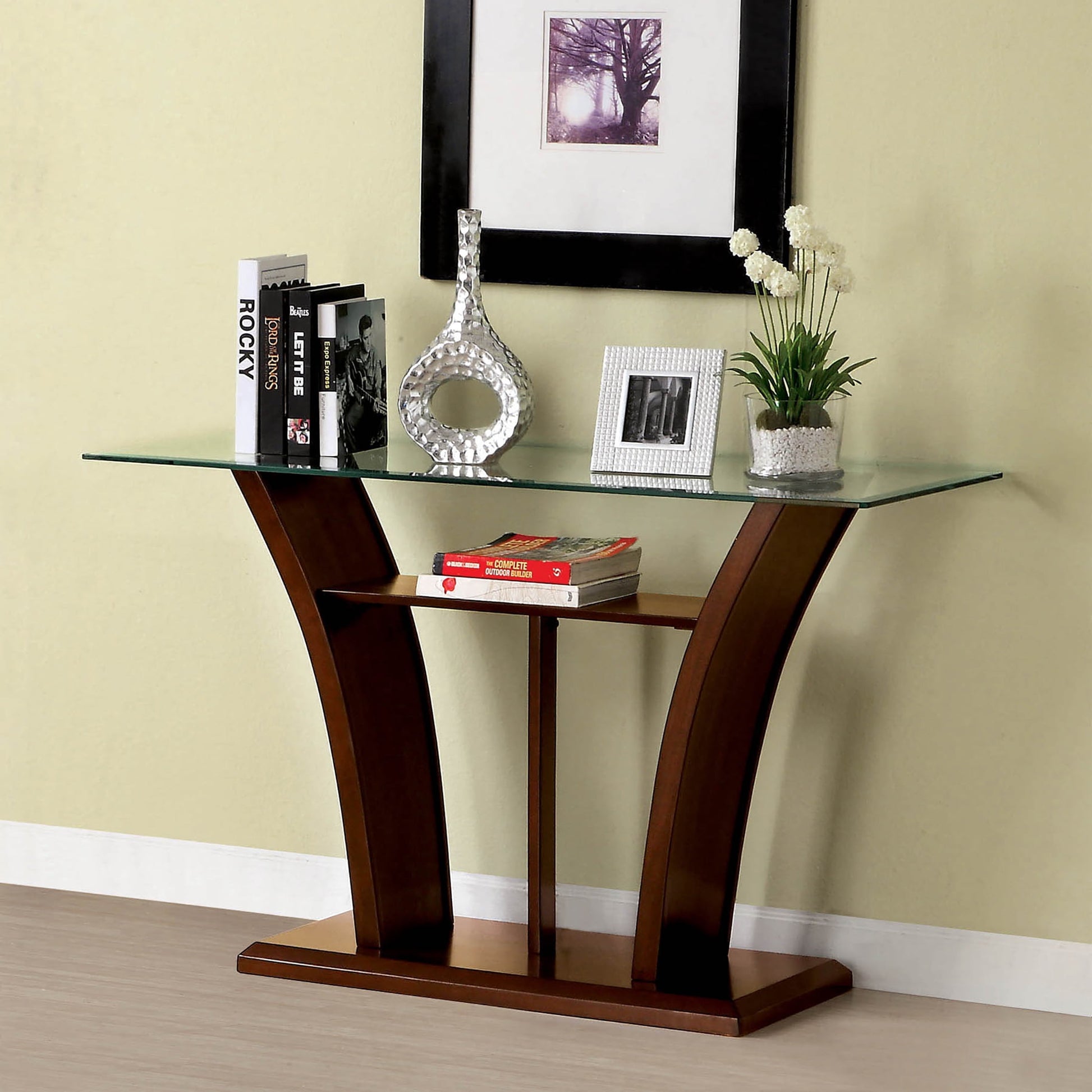 Furniture of America Panna Glass Top Console Table, Brown Cherry