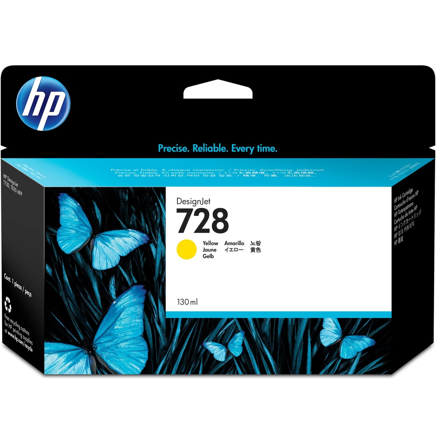 HP 728 130-ml Yellow DesignJet Ink Cartridge, F9J65A