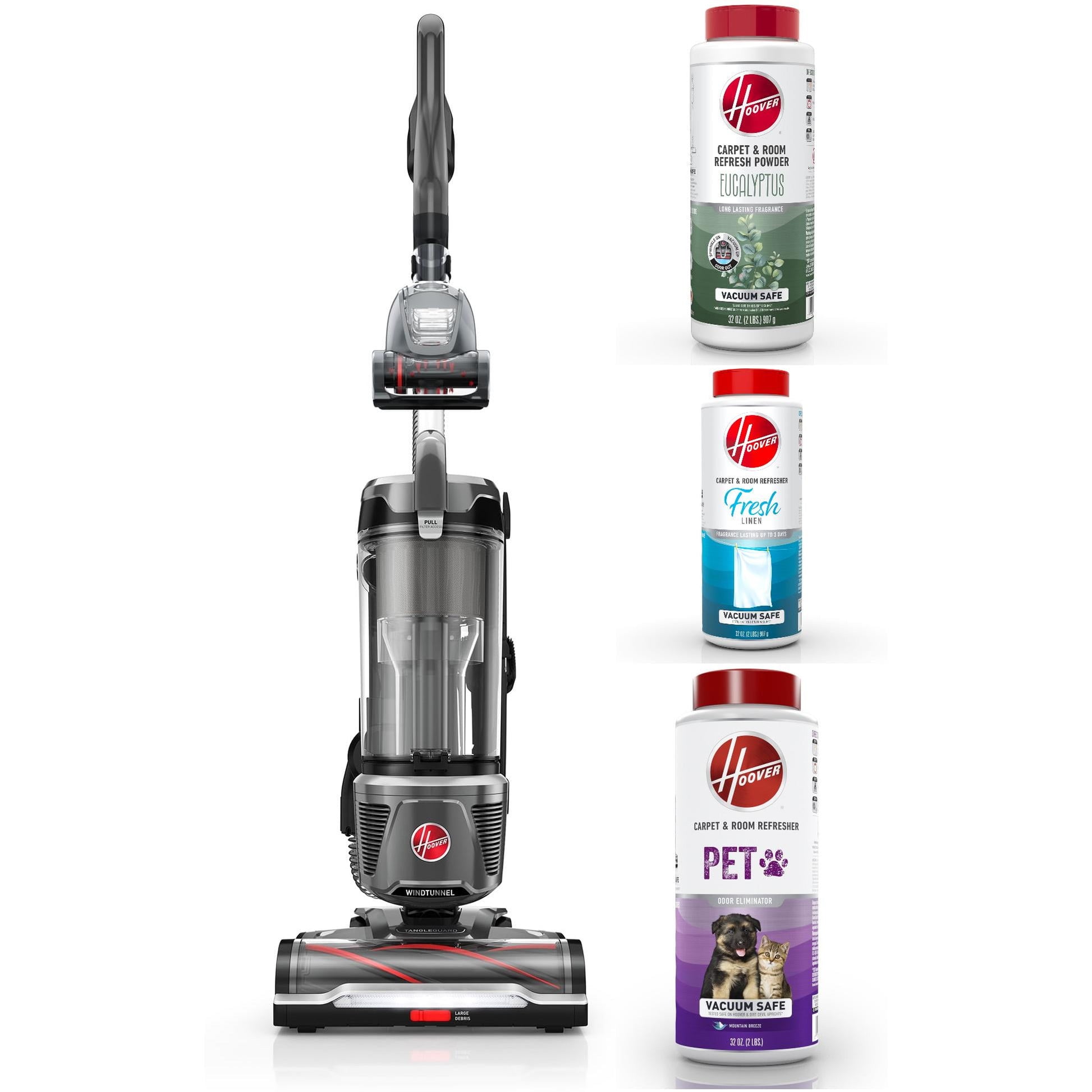 Hoover Upright Vacuum, WindTunnel Tangle Guard & Room Refresher Eucalyptus, Pet & Fresh Scent Carpet Powders
