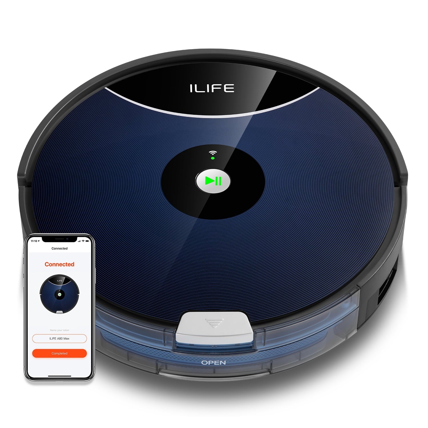 ILIFE A80 Max-W Robot Vacuum Cleaner, 2000Pa, Wi-Fi, 2-in-1 Roller Brush, Route Planning, Hard Floors and Medium Carpets