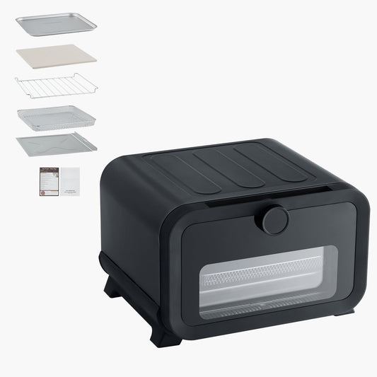 KFFKFF 12-Inch Electric Pizza Oven with 8 Presets, Air Fryer Functionality, Smart Knob Control, 750°F Max Temperature, IPX4 Waterproof Design, Countertop Pizza Maker with Stone and Fry Basket