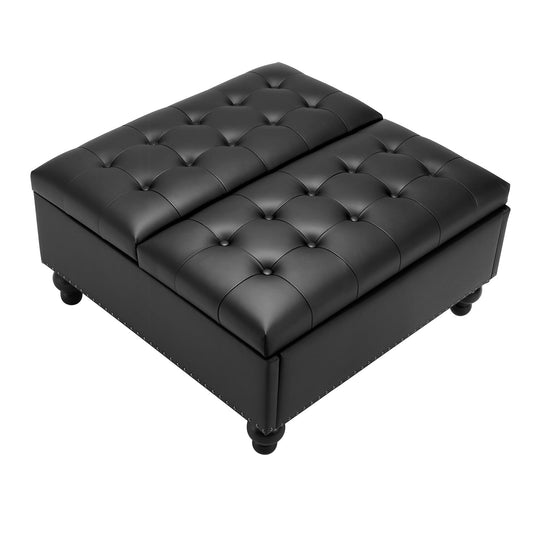 KFFKFF 34-inch Square Ottoman with Storage, Upholstered Tufted Button Coffee Table with Lift-Top & Flip Design, Durable PU Leather and High-Density Sponge for Living Room, Bedroom, or Dorm, Black